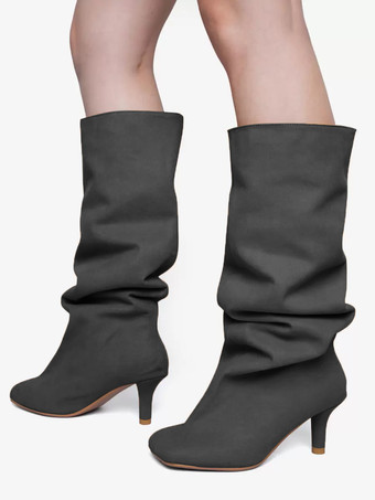 グレイスエードニーハイブーツ ワイドカーフ レディース スクエアトゥデザイン ハイヒールブーツ