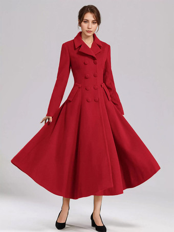 レッド ウール混フレアコート レディース ダークネイビー ダブルブレスト ワイドラペル Aライン 冬アウター 2025