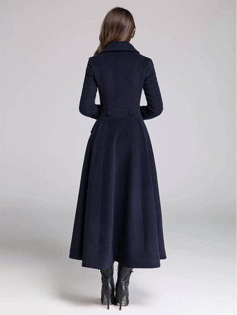 ウール混フレアコート レディース ダークネイビー ダブルブレスト ワイドラペル Aライン 冬アウター 2025