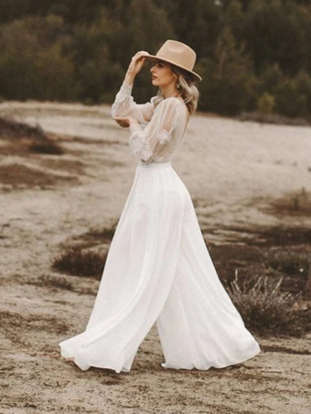 ブライダルジャンプスーツ シフォンフリル フロアレングスジャンプスーツ デザインネックライン 長袖 ナチュラルウエスト アイボリー