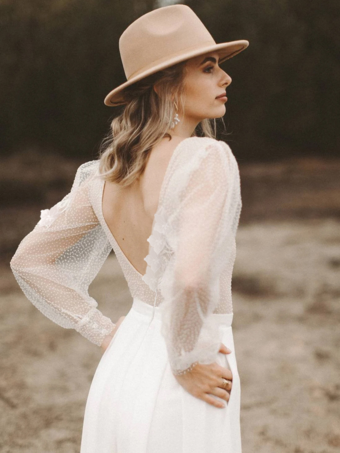 ブライダルジャンプスーツ シフォンフリル フロアレングスジャンプスーツ デザインネックライン 長袖 ナチュラルウエスト アイボリー