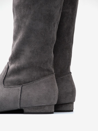 スエードニーハイブーツ グレー ポインテッドトゥ フラット スラウチブーツ