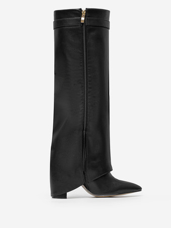 ブラックニーハイブーツ チャンキーヒール ポインテッドトゥ バックルディテール フォールドオーバーブーツ