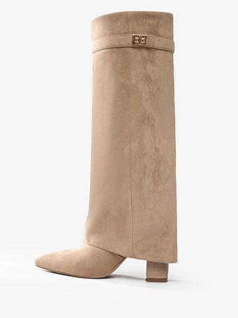 スエードニーハイブーツ アプリコット ポインテッドトゥ バックルディテール ジップアップ チャンキーヒールブーツ