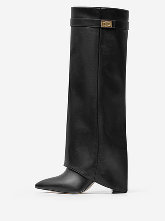 ブラックニーハイブーツ チャンキーヒール ポインテッドトゥ バックルディテール フォールドオーバーブーツ