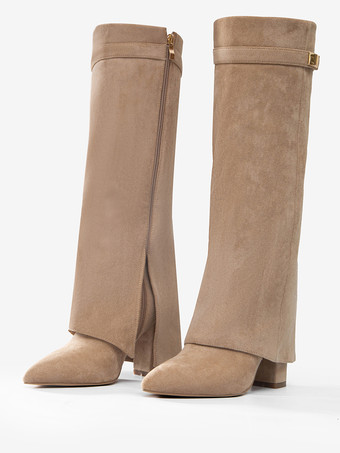 スエードニーハイブーツ アプリコット ポインテッドトゥ バックルディテール ジップアップ チャンキーヒールブーツ