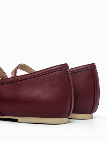 バーガンディ メリージェーン フラット スクエアトゥ バックルディテール ヴィンテージ バレリーナ フラット