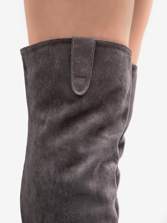 スエードニーハイブーツ グレー ポインテッドトゥ フラット スラウチブーツ