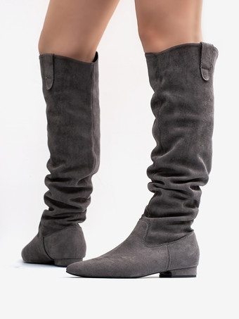 スエードニーハイブーツ グレー ポインテッドトゥ フラット スラウチブーツ