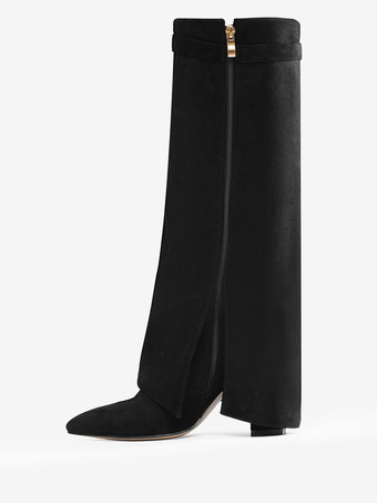 スエードニーハイブーツ アプリコット ポインテッドトゥ バックルディテール ジップアップ チャンキーヒールブーツ