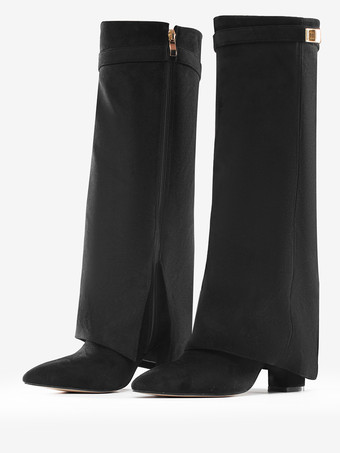 ブラック スエードニーハイブーツ アプリコット ポインテッドトゥ バックルディテール ジップアップ チャンキーヒールブーツ