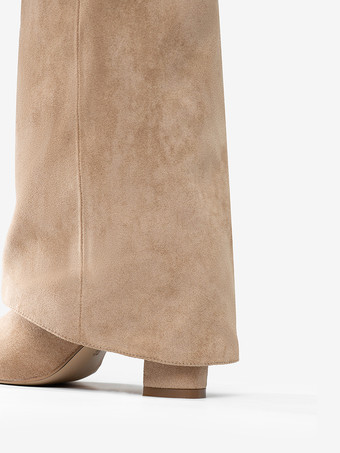 スエードニーハイブーツ アプリコット ポインテッドトゥ バックルディテール ジップアップ チャンキーヒールブーツ