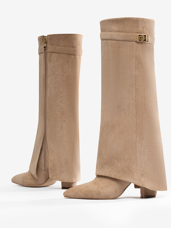 スエードニーハイブーツ アプリコット ポインテッドトゥ バックルディテール ジップアップ チャンキーヒールブーツ