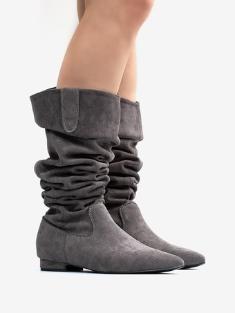 スエードニーハイブーツ グレー ポインテッドトゥ フラット スラウチブーツ