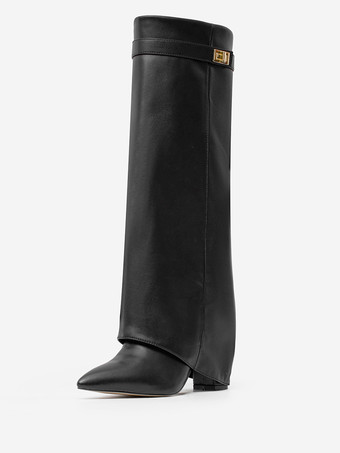 ブラックニーハイブーツ チャンキーヒール ポインテッドトゥ バックルディテール フォールドオーバーブーツ