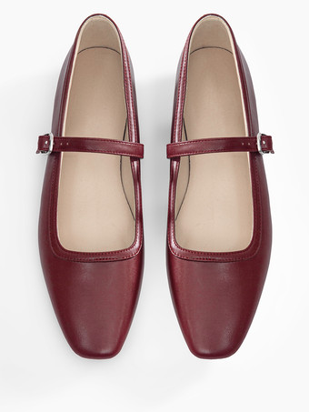 バーガンディ メリージェーン フラット スクエアトゥ バックルディテール ヴィンテージ バレリーナ フラット