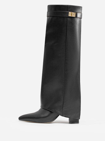 ブラックニーハイブーツ チャンキーヒール ポインテッドトゥ バックルディテール フォールドオーバーブーツ