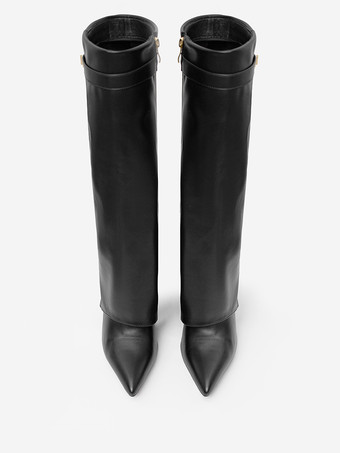 ブラックニーハイブーツ チャンキーヒール ポインテッドトゥ バックルディテール フォールドオーバーブーツ