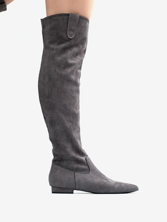 スエードニーハイブーツ グレー ポインテッドトゥ フラット スラウチブーツ