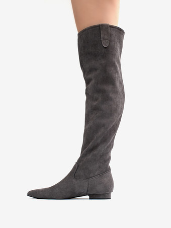 スエードニーハイブーツ グレー ポインテッドトゥ フラット スラウチブーツ