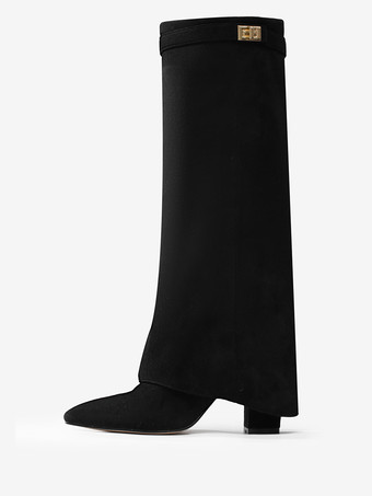 スエードニーハイブーツ アプリコット ポインテッドトゥ バックルディテール ジップアップ チャンキーヒールブーツ