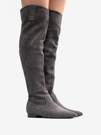 スエードニーハイブーツ グレー ポインテッドトゥ フラット スラウチブーツ