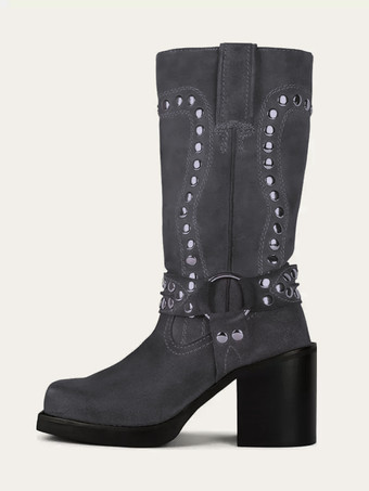 グレイスエードスタッズミッドカーフブーツブロックヒールラウンドトゥバックルディテールブーツ