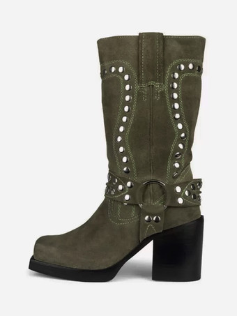 ハンターグリーン スエードスタッズミッドカーフブーツブロックヒールラウンドトゥバックルディテールブーツ