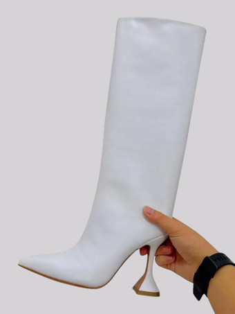 ホワイト 女性ハイヒールブーツイエロースネークパターンポインテッドトゥデザインヒールミッドカーフブーツ