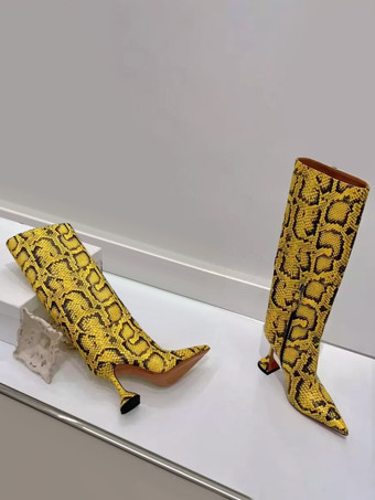 女性ハイヒールブーツイエロースネークパターンポインテッドトゥデザインヒールミッドカーフブーツ