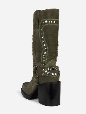 スエードスタッズミッドカーフブーツブロックヒールラウンドトゥバックルディテールブーツ