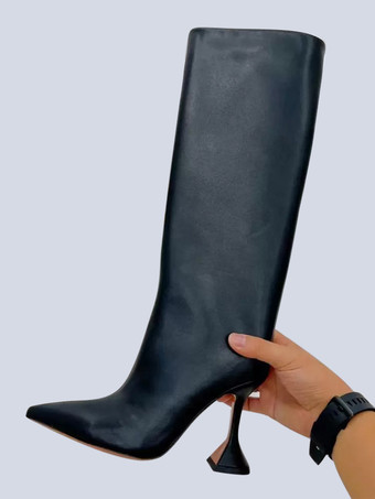 ブラック 女性ハイヒールブーツイエロースネークパターンポインテッドトゥデザインヒールミッドカーフブーツ