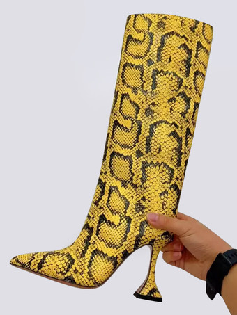 イエロー女性ハイヒールブーツイエロースネークパターンポインテッドトゥデザインヒールミッドカーフブーツ