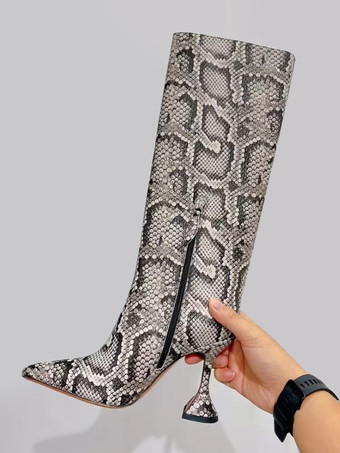 ライトグレー 女性ハイヒールブーツイエロースネークパターンポインテッドトゥデザインヒールミッドカーフブーツ