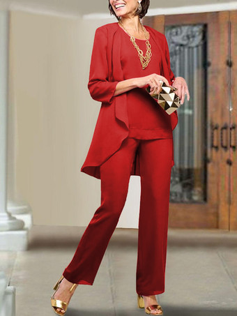 ブリックレッド花嫁の母親のためのパーティードレス ジュエルネック 7分袖 シースティアード フロアレングス ウェディングゲストドレス