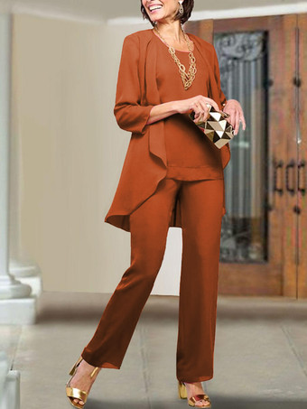 オーバーン花嫁の母親のためのパーティードレス ジュエルネック 7分袖 シースティアード フロアレングス ウェディングゲストドレス