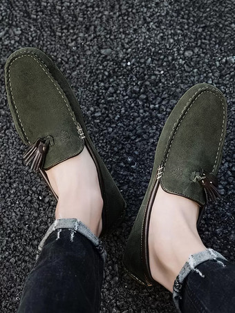 メンズ タッセルローファー グリーン スエード モカシン ドライビング スリッポンシューズ