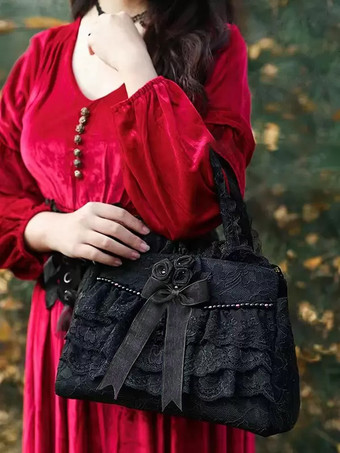 ロココ風ロリータバッグ ホワイトポリエステルフラワーフリルポリエステルクロスボディバッグ ロリータアクセサリー