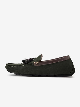 メンズ タッセルローファー グリーン スエード モカシン ドライビング スリッポンシューズ