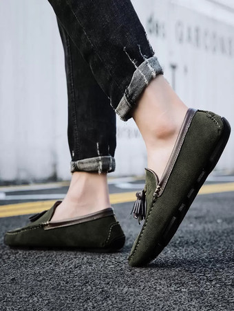 メンズ タッセルローファー グリーン スエード モカシン ドライビング スリッポンシューズ