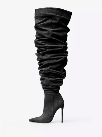 ブラック オーバーニーブーツ ブルー ポインテッドトゥ ハイヒール スラウチ デニム サイハイブーツ