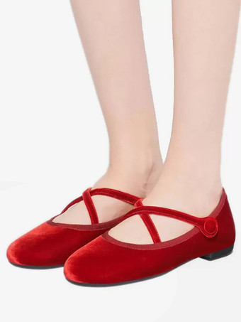 バーガンディ バレエ フラット レディース ラウンドトゥ ベルベット クリスクロス バレリーナ