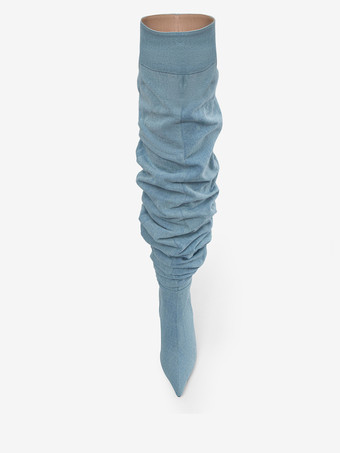 オーバーニーブーツ ブルー ポインテッドトゥ ハイヒール スラウチ デニム サイハイブーツ