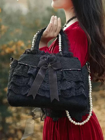 ブラック ロココ風ロリータバッグ ホワイトポリエステルフラワーフリルポリエステルクロスボディバッグ ロリータアクセサリー