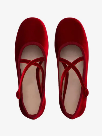 バーガンディ バレエ フラット レディース ラウンドトゥ ベルベット クリスクロス バレリーナ
