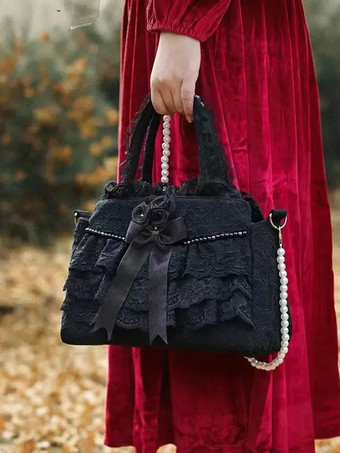 ロココ風ロリータバッグ ホワイトポリエステルフラワーフリルポリエステルクロスボディバッグ ロリータアクセサリー