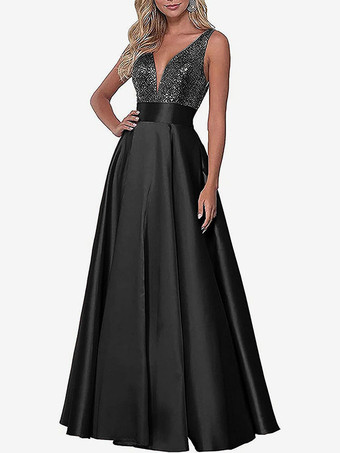 ブラックイブニングドレス Vネック マキシレングス 社交ページェントドレス