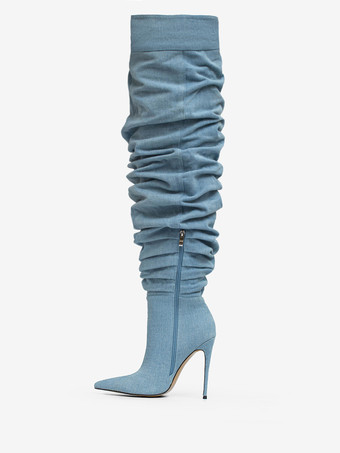 オーバーニーブーツ ブルー ポインテッドトゥ ハイヒール スラウチ デニム サイハイブーツ