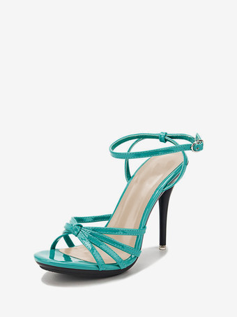 ブルーグリーンレディースヒールサンダルレッドスティレットヒールオープントゥPUレザー