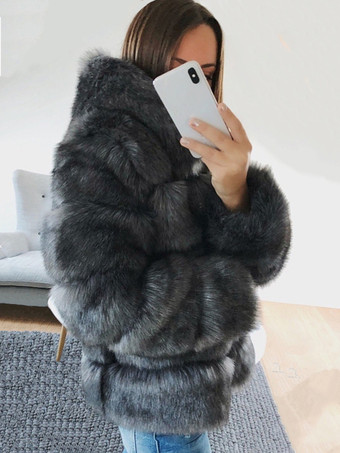 シルバー フード付きフェイクファーコート 暖かい冬 2025 ショート丈 プラッシュ エコフレンドリー レディースファーコート